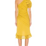 Yellow eyelet lace one-shoulder midi dress with ruched detailing, puff sleeve, and scalloped hem worn with nude heels — Ulla Johnson | Endless UAE