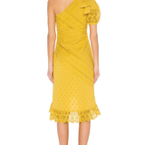 Yellow eyelet lace one-shoulder midi dress with ruched detailing, puff sleeve, and scalloped hem worn with nude heels — Ulla Johnson | Endless UAE