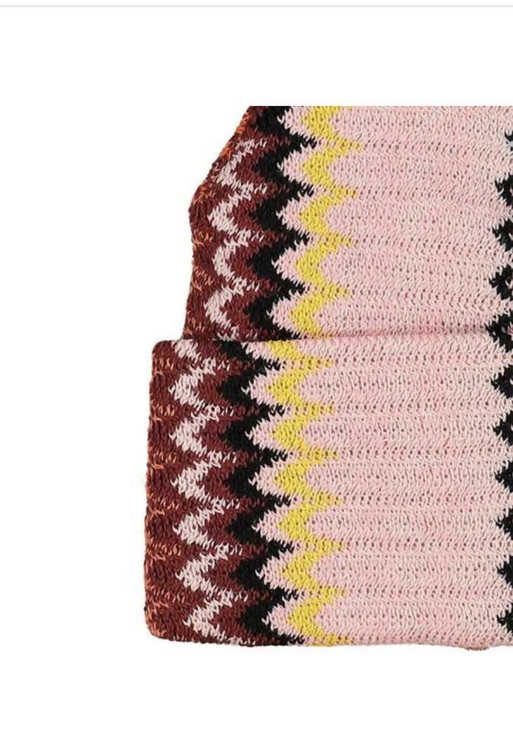 Pink wool beanie with multicolored chevron zigzag pattern detail at shoulder seam — Missoni | Endless UAE