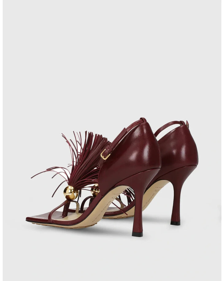 Burgundy leather sandal with tassel trim and ankle strap — Bottega Veneta | Endless UAE