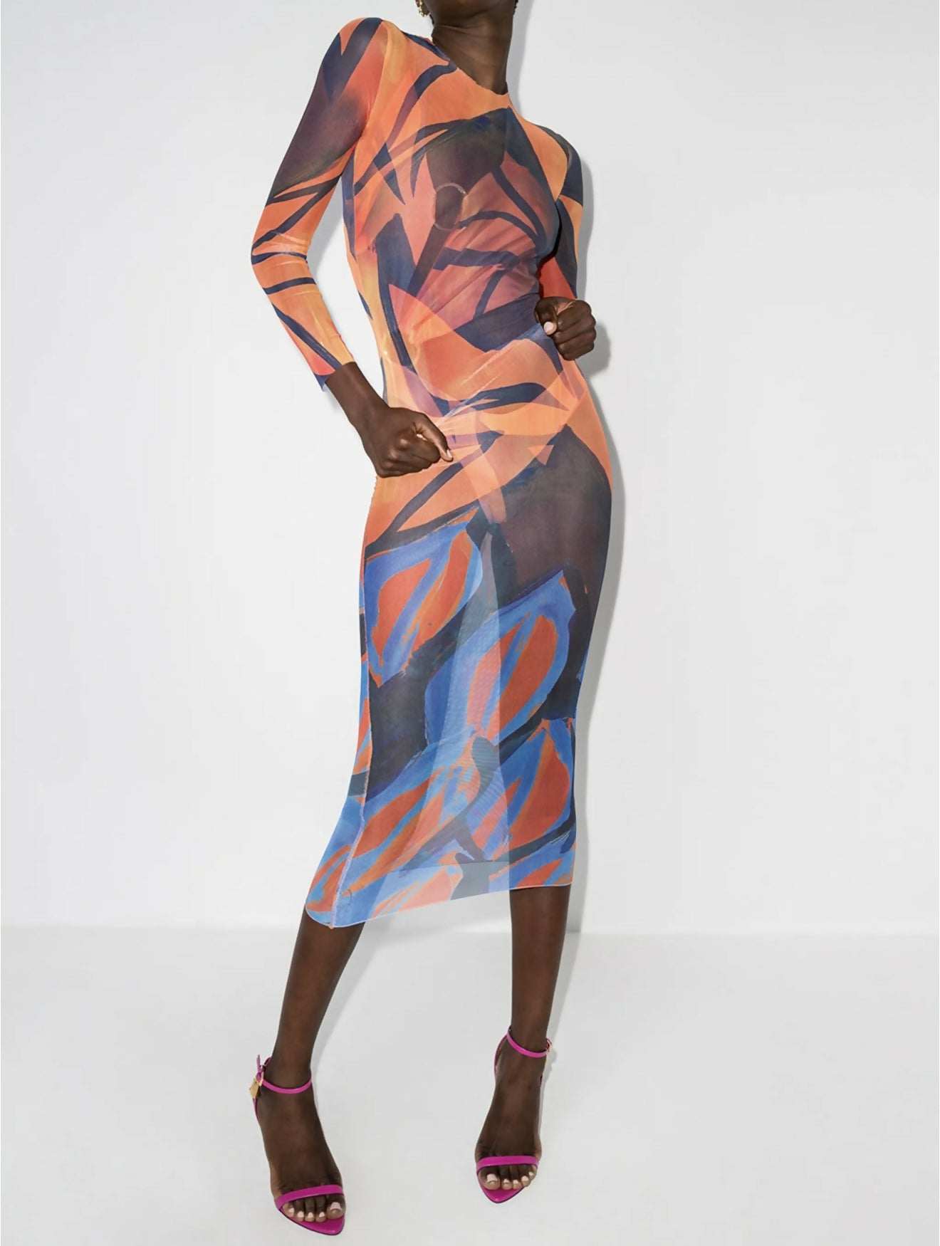 Sheer mesh maxi dress with vibrant orange and blue abstract print, long sleeves, and fitted silhouette — Louisa Ballou | Endless UAE