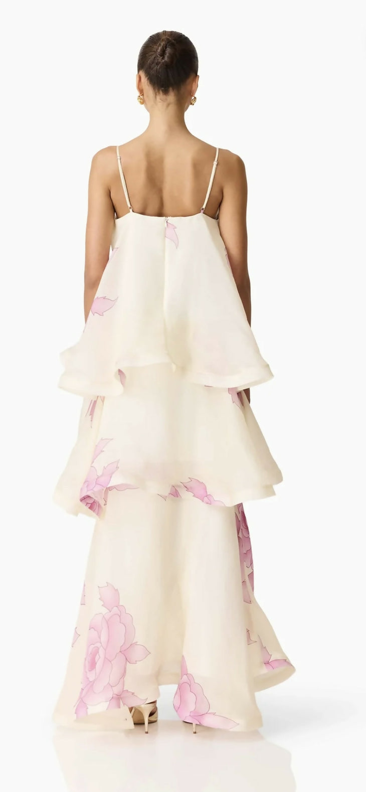 Rova Tiered Dress in cream with pink floral print, featuring layered ruffles and adjustable straps — Endless | Endless UAE