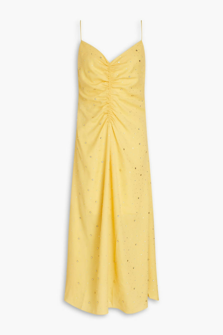 Yellow crystal-embellished ruched crepe midi dress with camisole straps — Sandro | Endless UAE