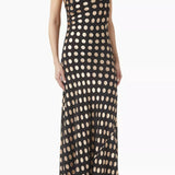 Black and beige polka dot maxi dress with twisted halter neckline and fitted silhouette — Alexandra Miro | Endless UAE