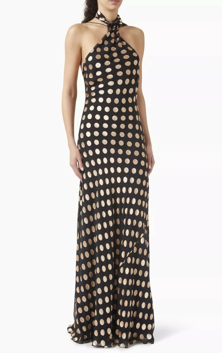 Black and beige polka dot maxi dress with twisted halter neckline and fitted silhouette — Alexandra Miro | Endless UAE
