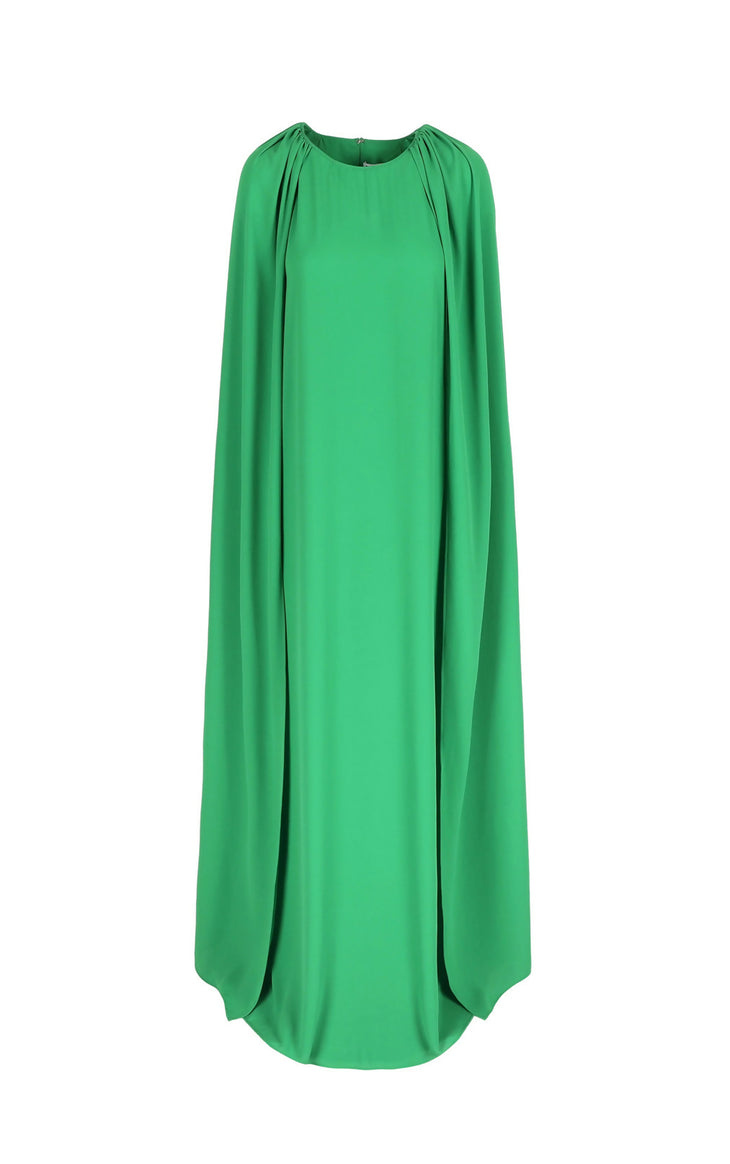 Long green cape-style dress with gathered neckline and dramatic floor-length silhouette — Bernadette | Endless UAE
