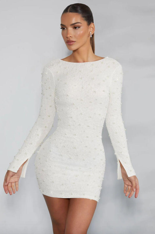 Hague Long Sleeve Embellished Backless Mini Dress in Ivory - Endless