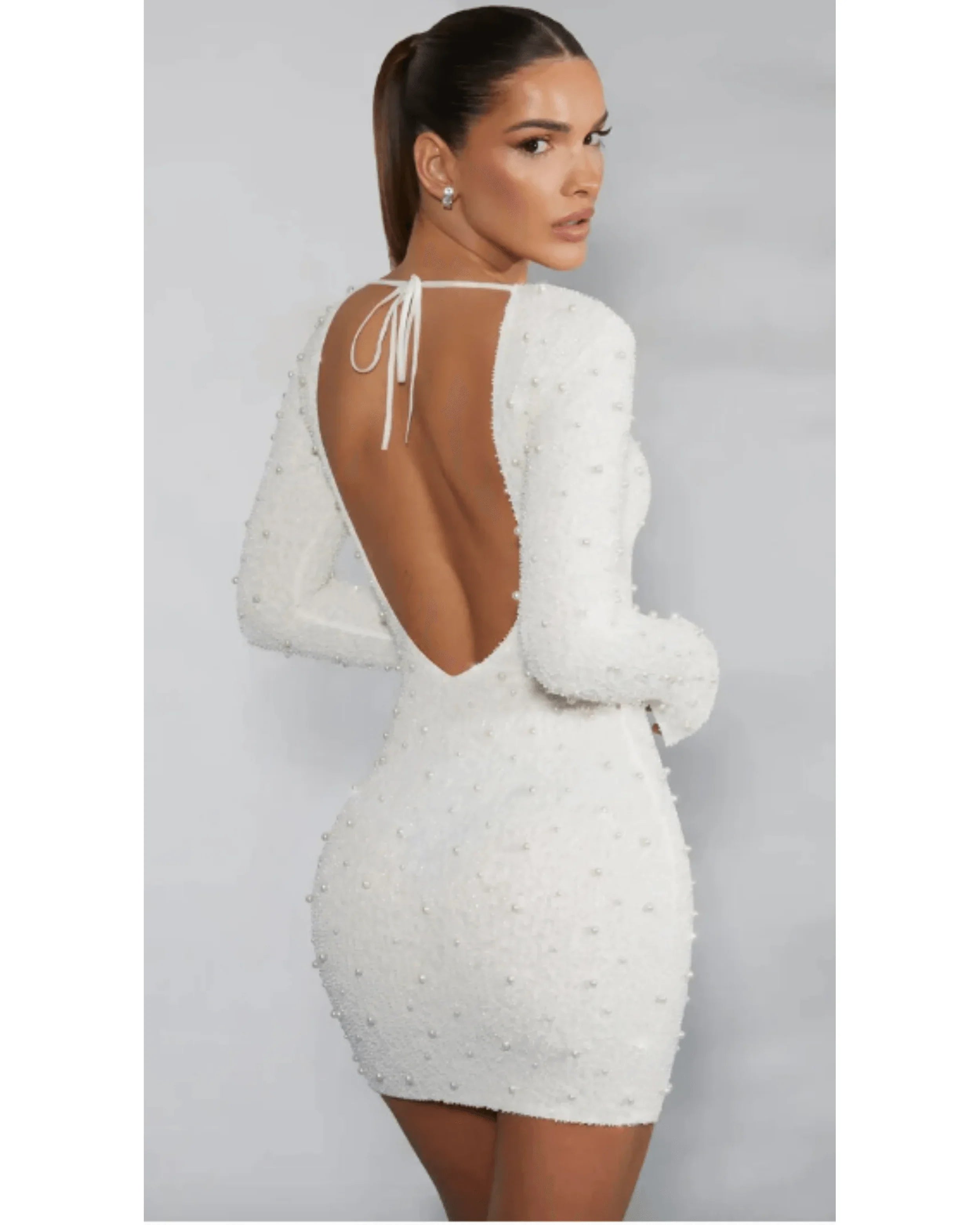 Hague Long Sleeve Embellished Backless Mini Dress in Ivory - Endless - UAE Rental and Resale for Women's Fashion