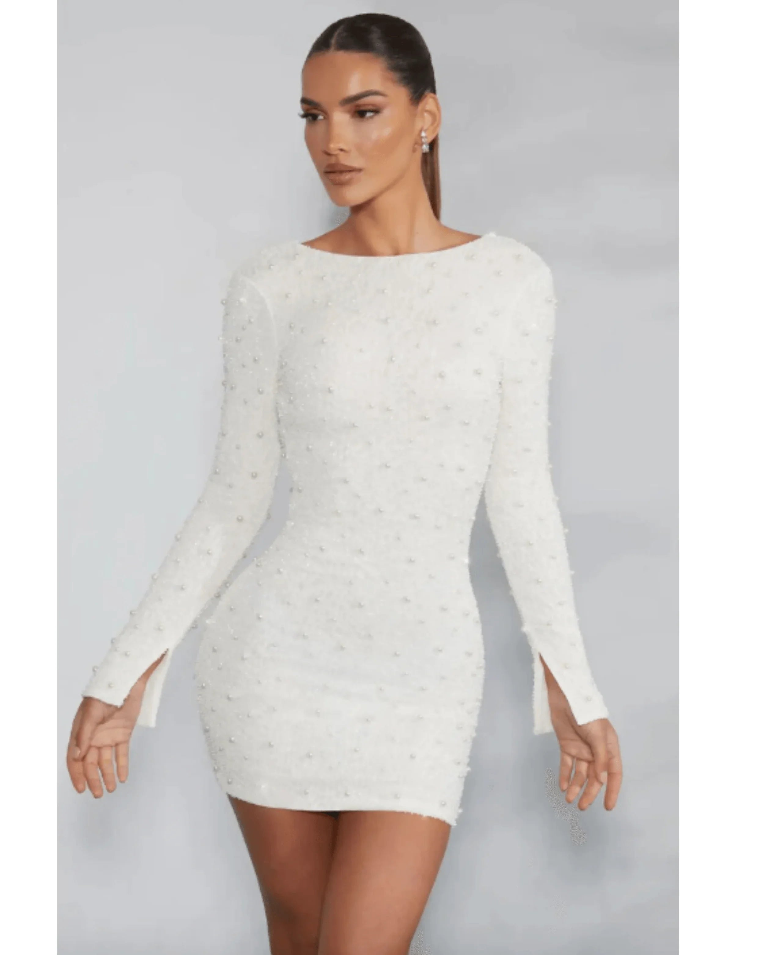 Hague Long Sleeve Embellished Backless Mini Dress in Ivory - Endless - UAE Rental and Resale for Women's Fashion