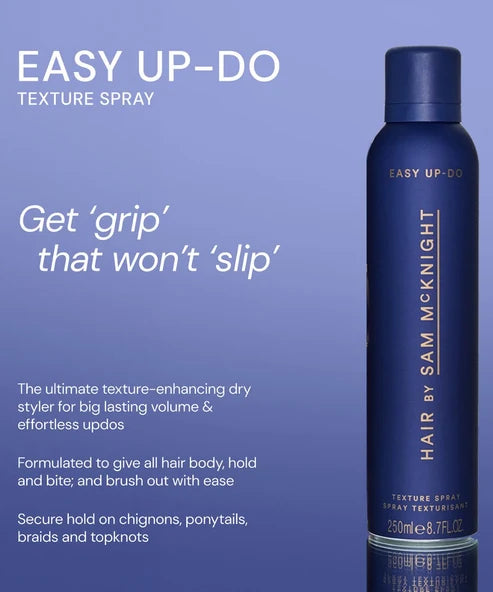 Hair Texturising Spray by Sam McKnight in navy blue aerosol bottle with gold accents — Powder Blush | Endless UAE