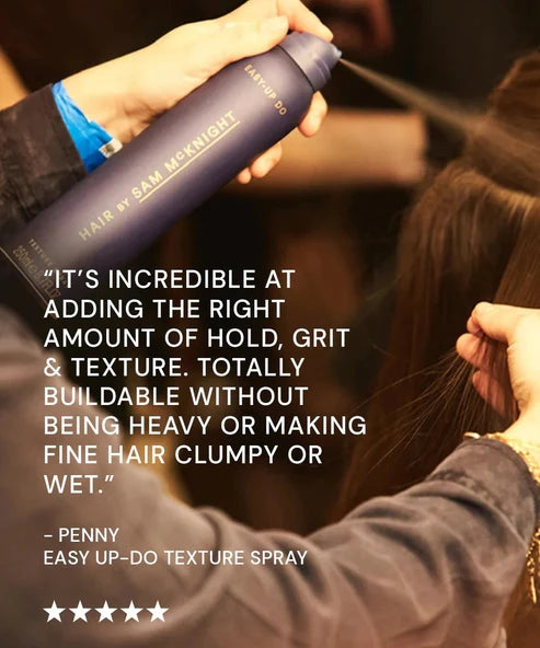 Hair Texturising Spray by Sam McKnight in navy blue aerosol bottle with gold accents — Powder Blush | Endless UAE