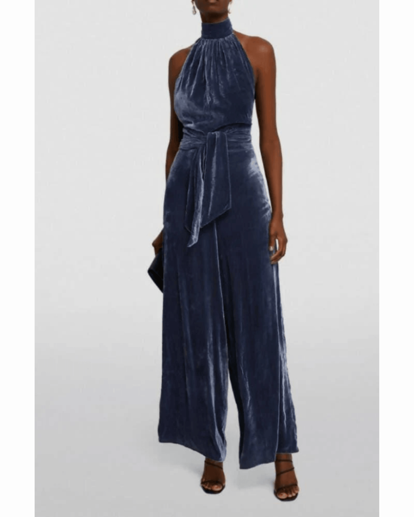 Halter Backless Navy Velvet Jumpsuit - Endless