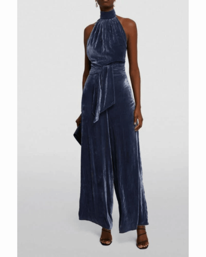 Halter Backless Navy Velvet Jumpsuit - Endless