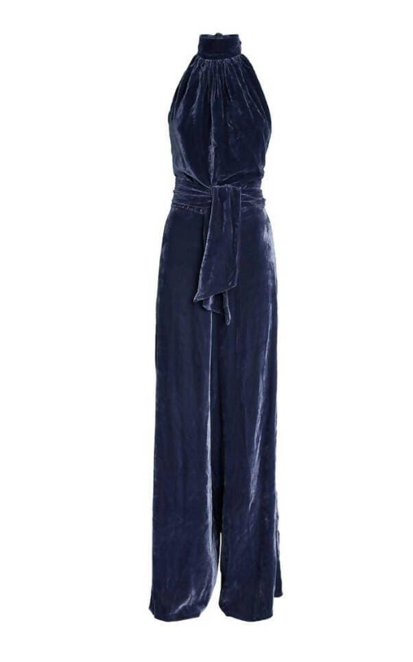 Halter Backless Navy Velvet Jumpsuit - Endless - UAE Rental and Resale for Women's Fashion
