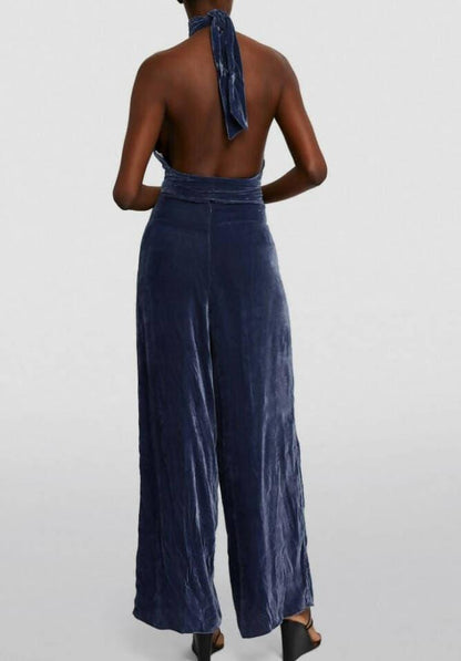 Halter Backless Navy Velvet Jumpsuit - Endless