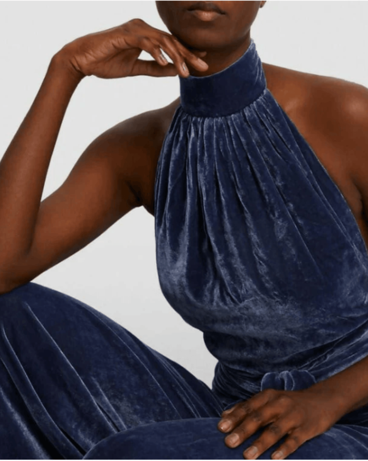 Halter Backless Navy Velvet Jumpsuit - Endless