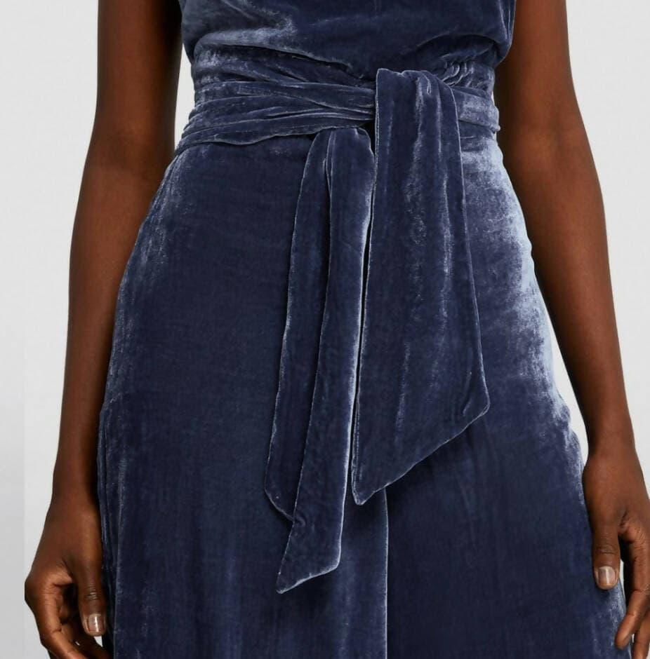 Halter Backless Navy Velvet Jumpsuit - Endless