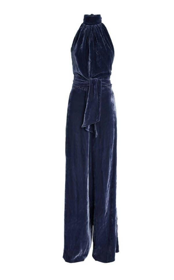 Halter Backless Navy Velvet Jumpsuit - Endless