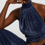 Halter Backless Navy Velvet Jumpsuit - Endless - UAE Rental and Resale for Women's Fashion