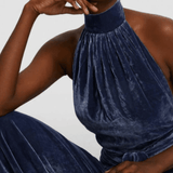 Halter Backless Navy Velvet Jumpsuit - Endless - UAE Rental and Resale for Women's Fashion