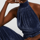 Halter Backless Navy Velvet Jumpsuit - Endless - UAE Rental and Resale for Women's Fashion