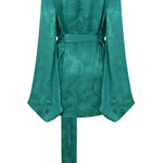 Emerald green satin mini dress with palm leaf jacquard pattern, dramatic balloon sleeves, and long waist tie belt — Rat & Boa | Endless UAE