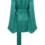 Emerald green satin mini dress with palm leaf jacquard pattern, dramatic balloon sleeves, and long waist tie belt — Rat & Boa | Endless UAE