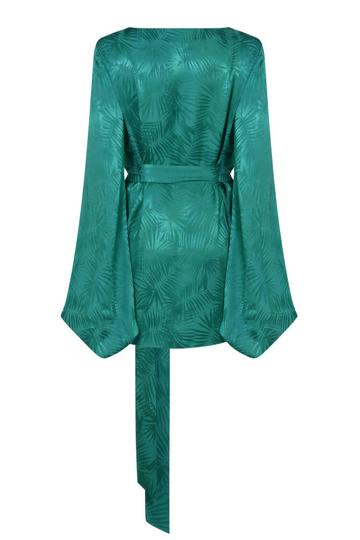 Emerald green satin mini dress with palm leaf jacquard pattern, dramatic balloon sleeves, and long waist tie belt — Rat & Boa | Endless UAE