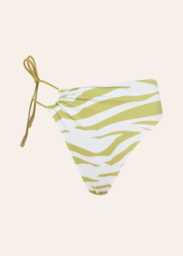 Reversible bikini bottom with green and white zebra stripe pattern and adjustable side ties — Dvete | Endless UAE