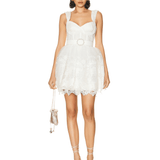 White embroidered mini dress with sweetheart neckline and decorative belt — Zimmerman | Endless UAE