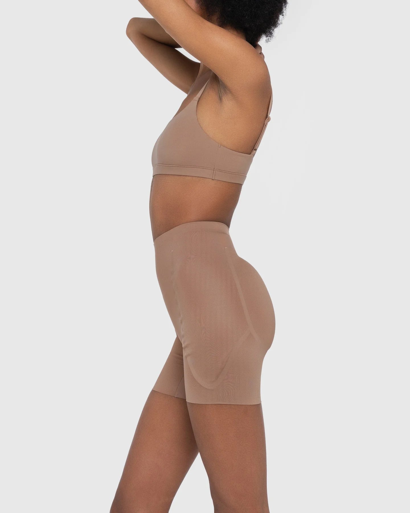 Beige hip and booty boosting shorts with silicone waistband and removable foam pads — Underhance | Endless UAE