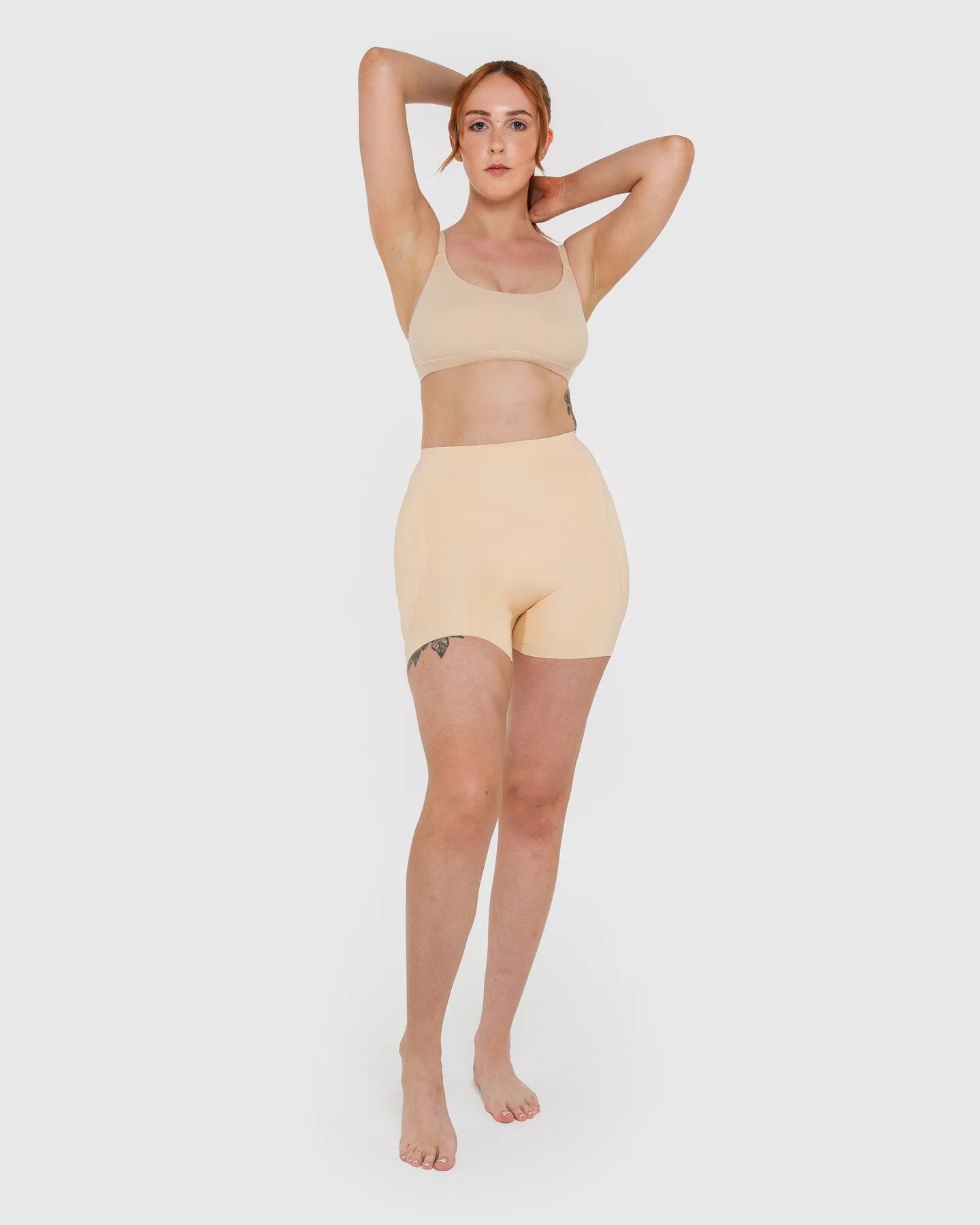 Beige hip and booty boosting shorts with silicone waistband and removable foam pads — Underhance | Endless UAE