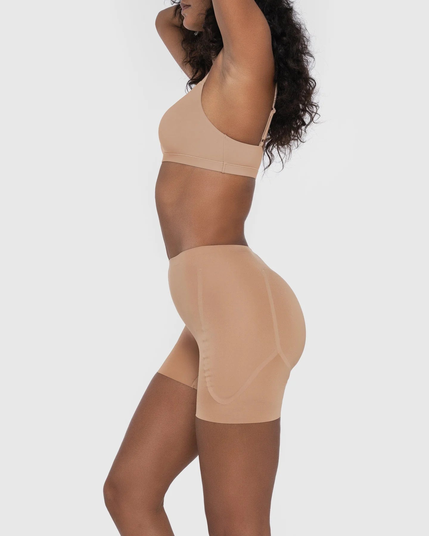 Beige hip and booty boosting shorts with silicone waistband and removable foam pads — Underhance | Endless UAE