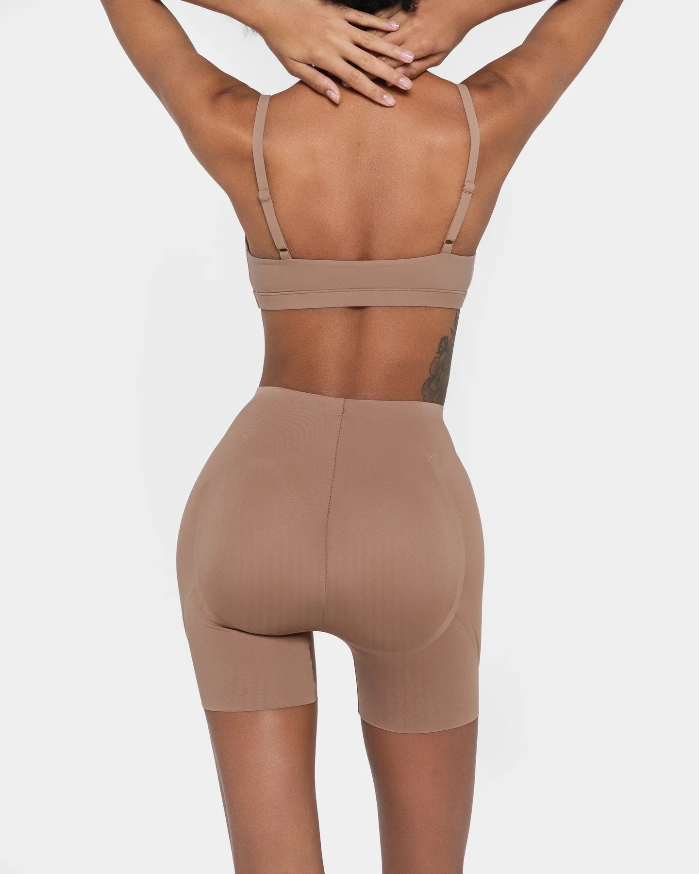 Beige hip and booty boosting shorts with silicone waistband and removable foam pads — Underhance | Endless UAE