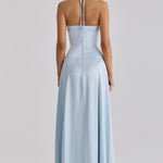 Light blue satin halter neck maxi dress with godet panels and fitted bodice — House of CB | Endless UAE