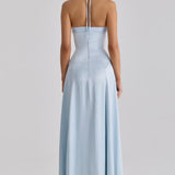 Light blue satin halter neck maxi dress with godet panels and fitted bodice — House of CB | Endless UAE