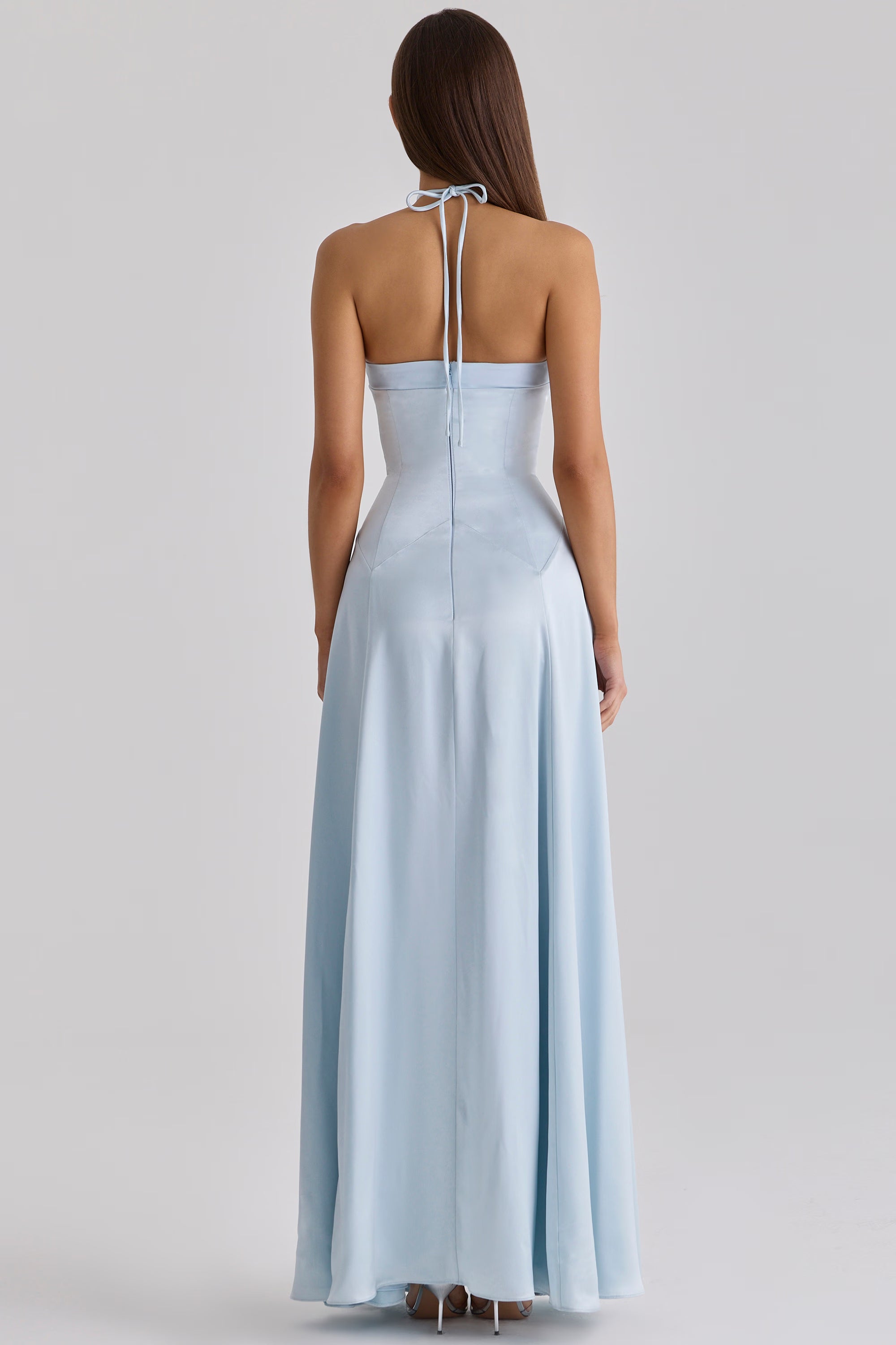 Light blue satin halter neck maxi dress with godet panels and fitted bodice — House of CB | Endless UAE