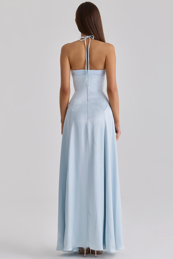 Light blue satin halter neck maxi dress with godet panels and fitted bodice — House of CB | Endless UAE