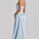 Light blue satin halter neck maxi dress with godet panels and fitted bodice — House of CB | Endless UAE
