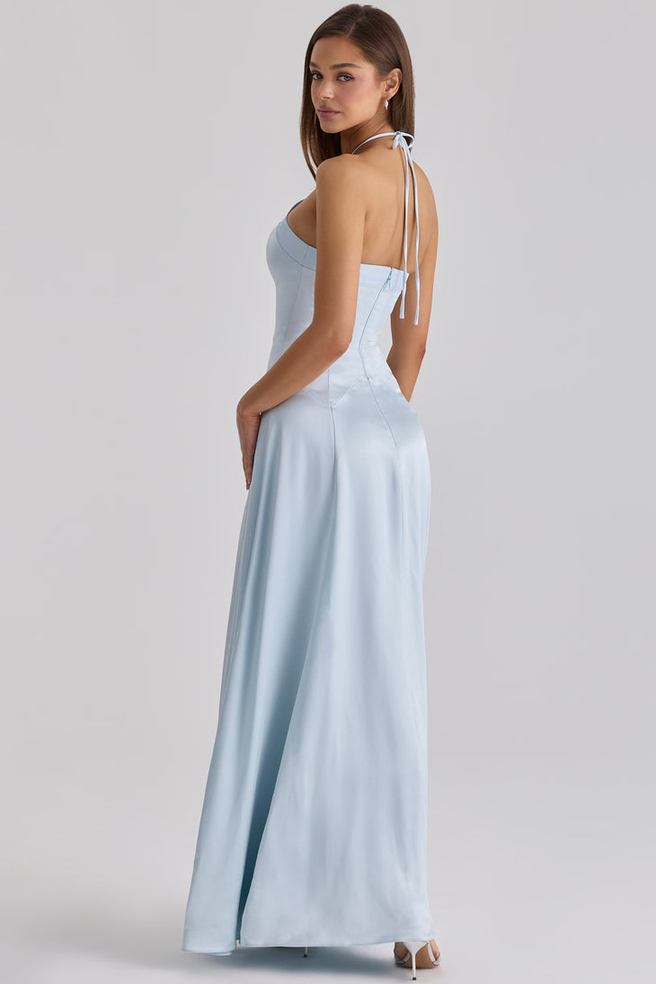 Light blue satin halter neck maxi dress with godet panels and fitted bodice — House of CB | Endless UAE