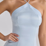 Light blue satin halter neck maxi dress with godet panels and fitted bodice — House of CB | Endless UAE