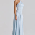 Light blue satin halter neck maxi dress with godet panels and fitted bodice — House of CB | Endless UAE