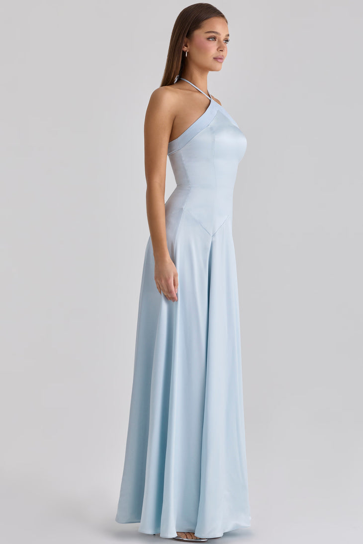 Light blue satin halter neck maxi dress with godet panels and fitted bodice — House of CB | Endless UAE