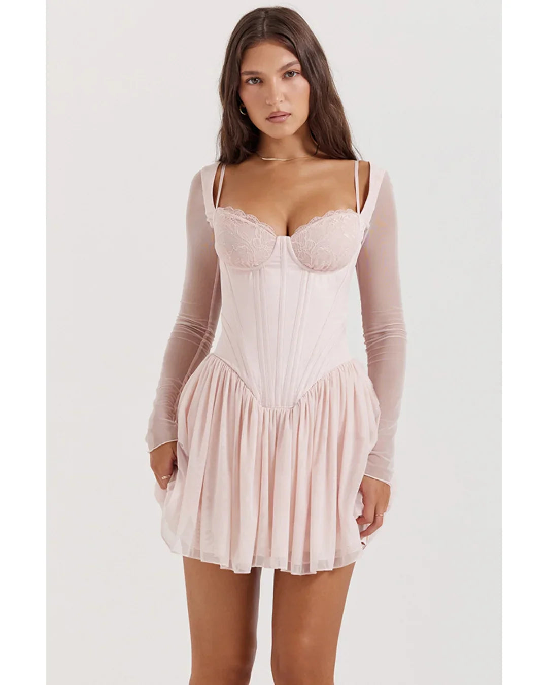 Soft peach corset mini dress with lace bodice and pleated skirt — House of CB | Endless UAE