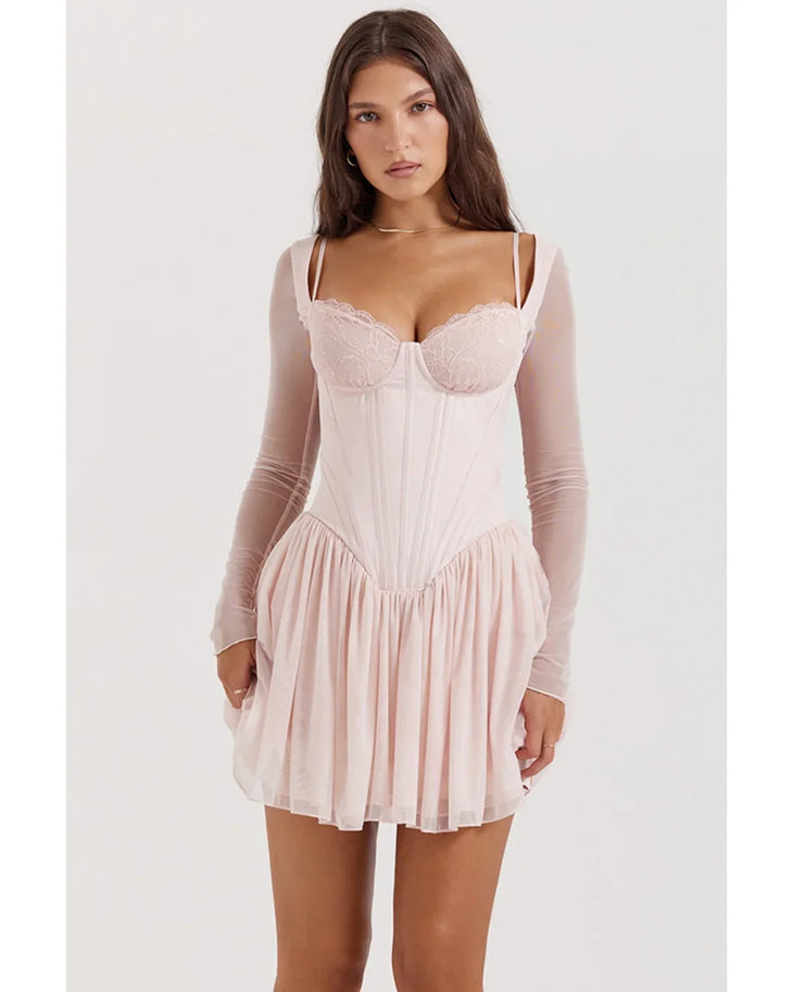 Soft peach corset mini dress with lace bodice and pleated skirt — House of CB | Endless UAE
