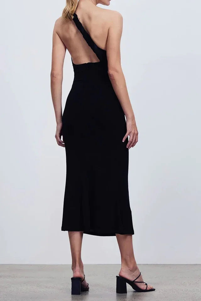 Black one-shoulder velvet midi dress with red quilted bag and gold heeled sandals — Misha | Endless UAE