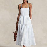 Striped Shirred Linen Dress
