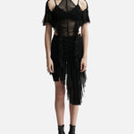 Black ruched mesh dress with cold shoulder detail and asymmetric tulle draping — Ester Manas | Endless UAE