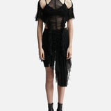 Black ruched mesh dress with cold shoulder detail and asymmetric tulle draping — Ester Manas | Endless UAE