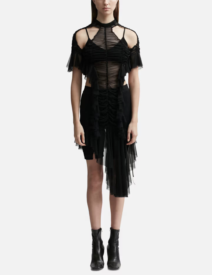 Black ruched mesh dress with cold shoulder detail and asymmetric tulle draping — Ester Manas | Endless UAE